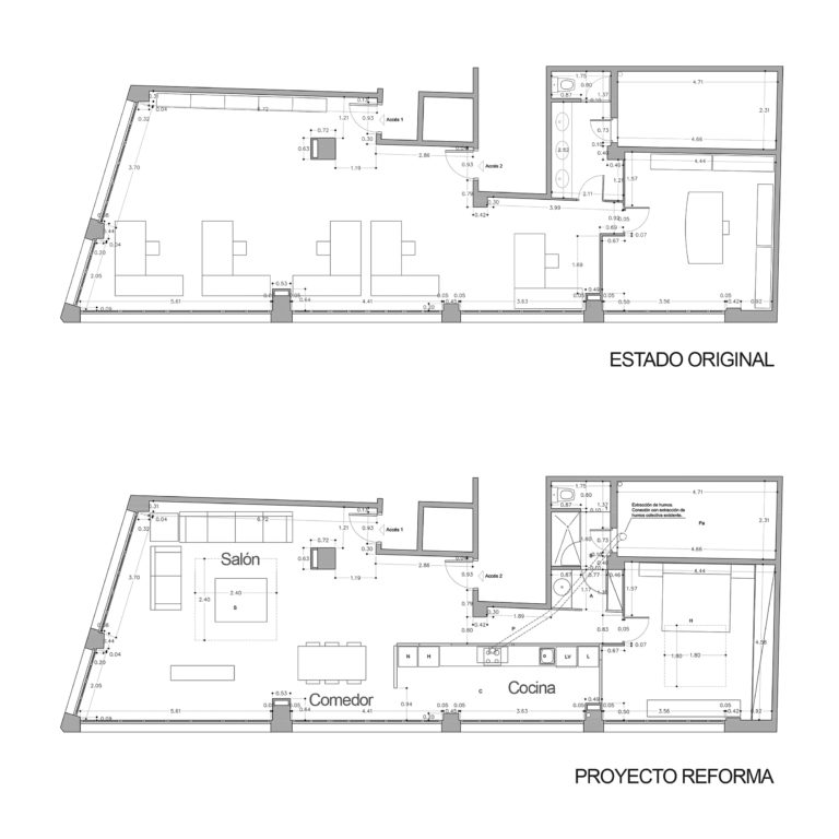 EstudioTInto - Diseño proyectos arquitectura - planos antes y ahora de reforma integral despacho en piso vivienda san Gervasio Barcelona